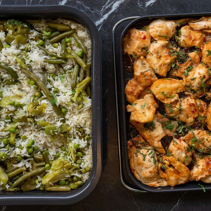 עוף חמוץ מתוק ואורז עם ירקות